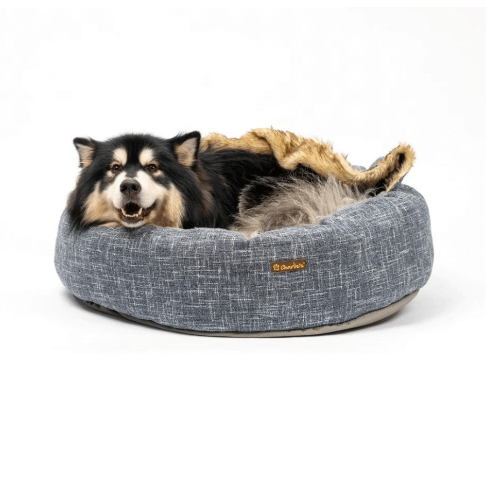 Charlie's Snookie Hooded Pet Bed Faux Wolf Fur & Linen (Dark Grey)