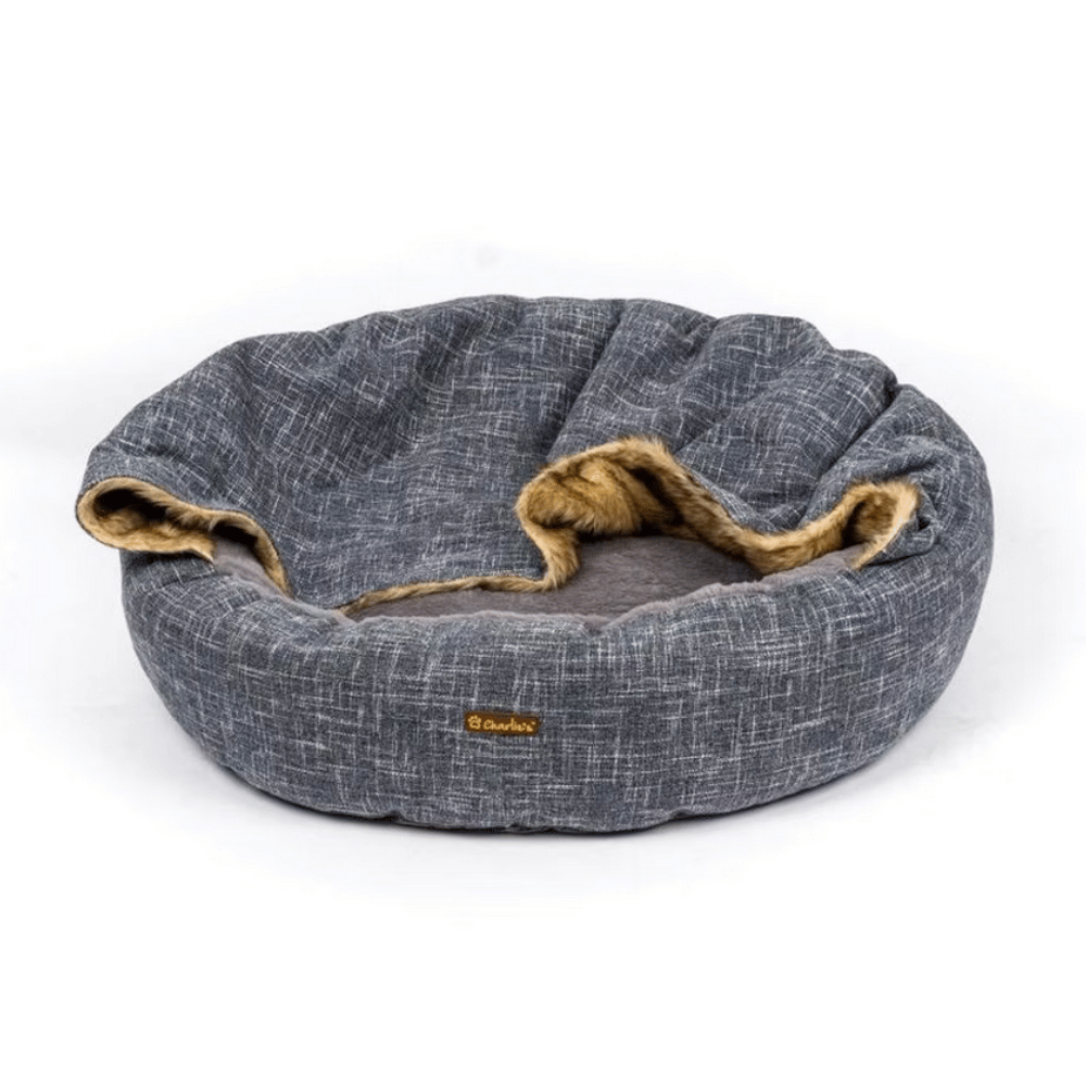 Charlie's Snookie Hooded Pet Bed Faux Wolf Fur & Linen (Dark Grey)