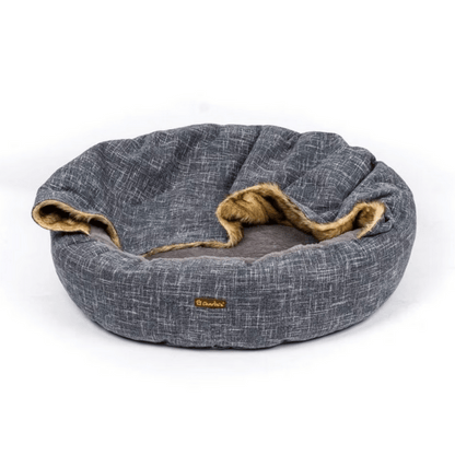 Charlie's Snookie Hooded Pet Bed Faux Wolf Fur & Linen (Dark Grey)