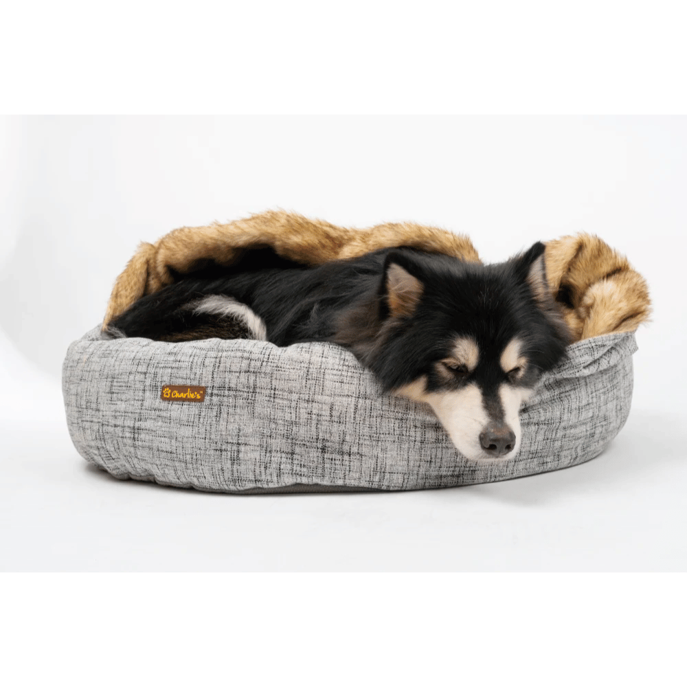 Charlie's Snookie Hooded Pet Bed Faux Wolf Fur & Linen (Light Grey)