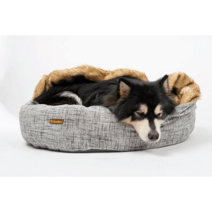 Charlie's Snookie Hooded Pet Bed Faux Wolf Fur & Linen (Light Grey)