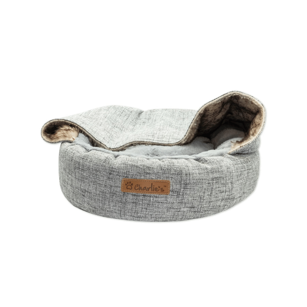 Charlie's Snookie Hooded Pet Bed Faux Wolf Fur & Linen (Light Grey)