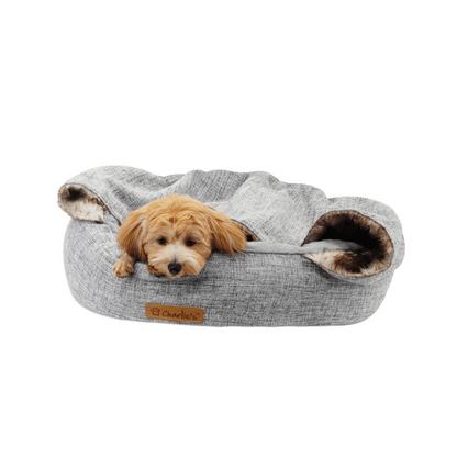 Charlie's Snookie Hooded Pet Bed Faux Wolf Fur & Linen (Light Grey)