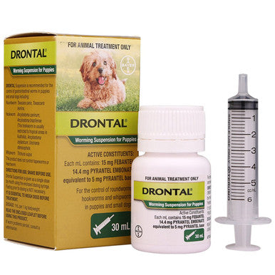 Drontal Suspension Roundworm, Hookworm, and Whipworm Worming Syrup for Puppies (30ml)