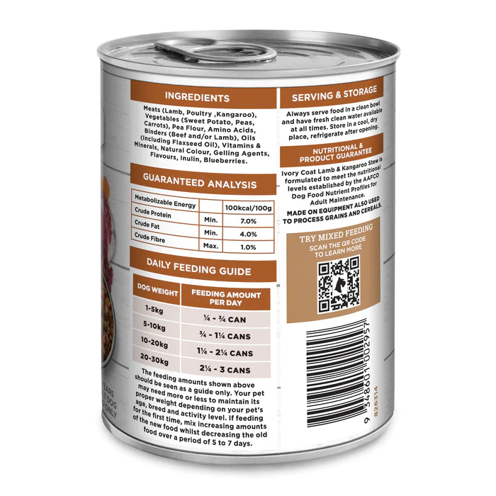 Ivory Coat Wet Food Tins Adult Dog GRAIN FREE Lamb & Kangaroo Stew 12 x 400g