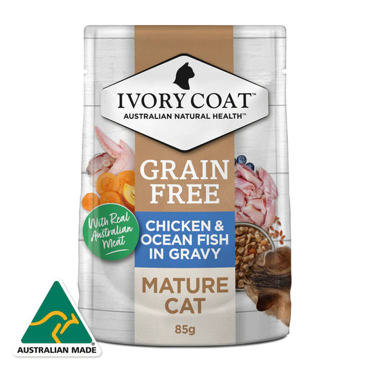 Ivory Coat Pouches Mature Cat GRAIN FREE Chicken & Ocean Fish in Gravy (12 x 85g)