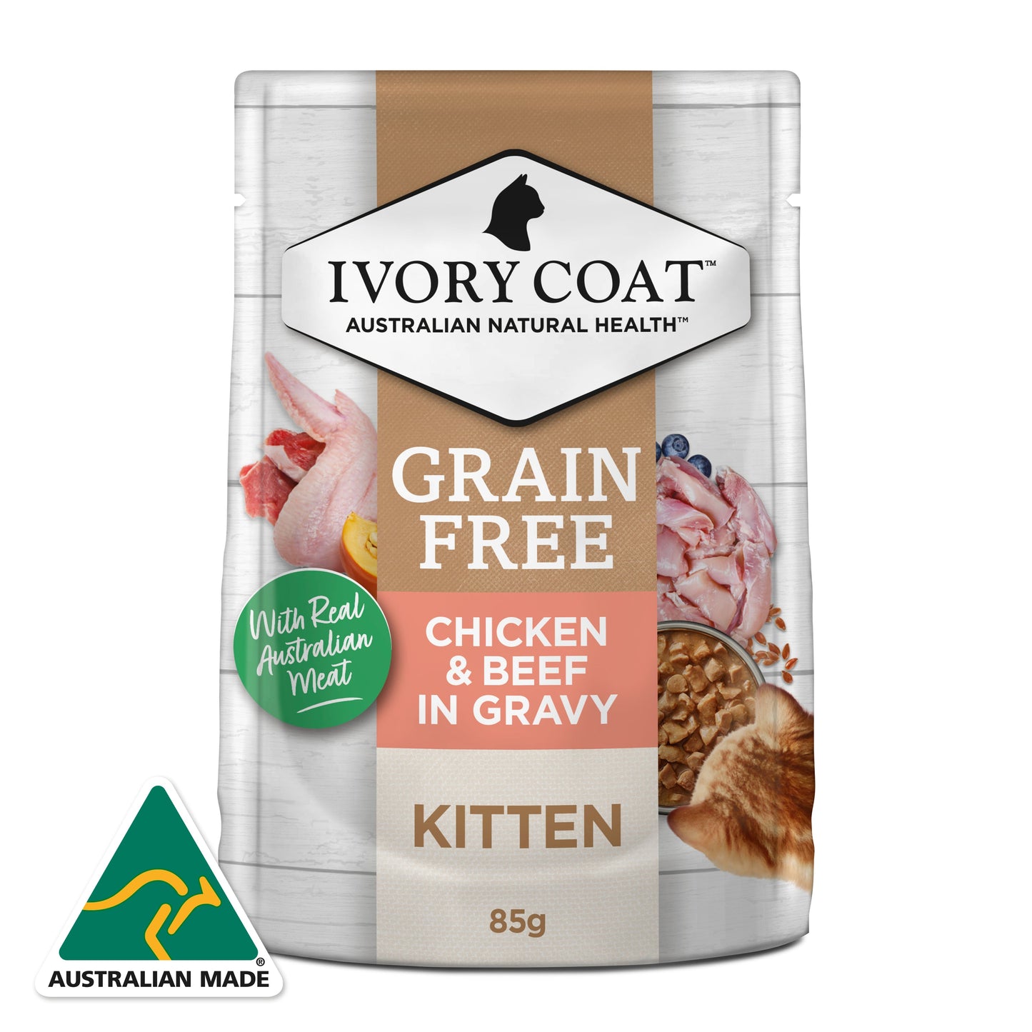 Ivory Coat Pouches Kitten GRAIN FREE Chicken & Beef in Gravy (12 x 85g)