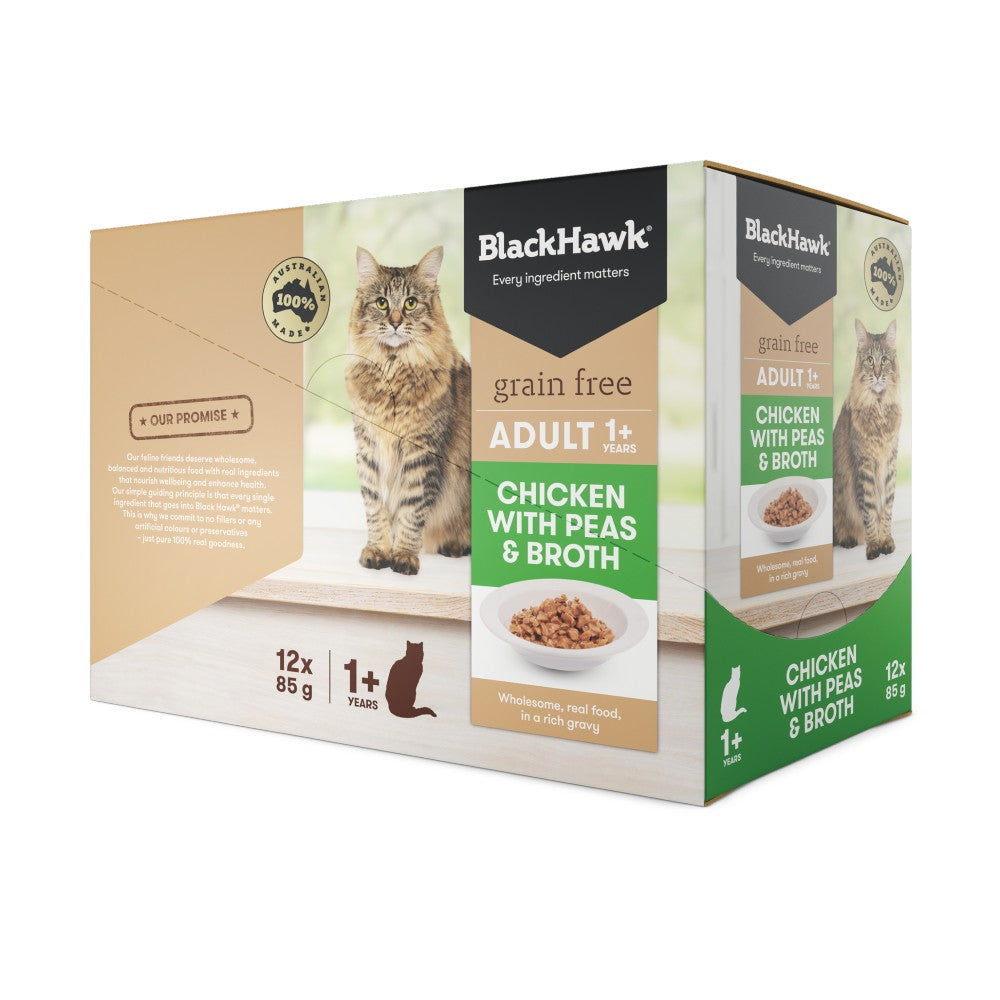 Black Hawk Pouches Kitten GRAIN FREE Chicken with Peas & Broth in Gravy (12 x 85g)