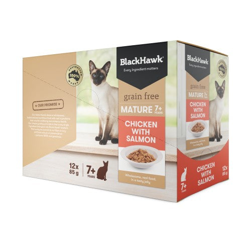 Black Hawk Pouches Mature Cat (7+) GRAIN FREE Chicken with Salmon in Jelly (12 x 85g)