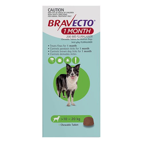 Bravecto Medium Dog Green 10-20kg Single Chew Flea & Tick Control - Medium