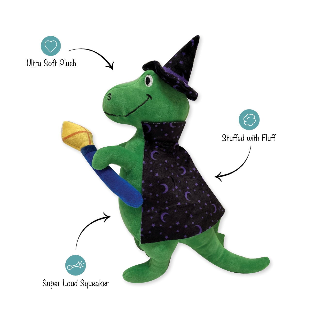 Fringe Studio Halloween Plush Squeaker Dog Toy - Spell-A-Saurus Dino Witch