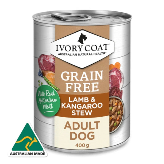 Ivory Coat Wet Food Tins Adult Dog GRAIN FREE Lamb & Kangaroo Stew 12 x 400g