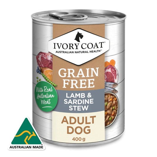 Ivory Coat Wet Food Tins Adult Dog GRAIN FREE Lamb & Sardine Stew 12 x 400g