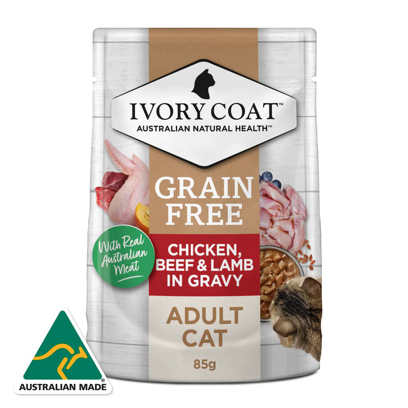 Ivory Coat Pouches Adult Cat GRAIN FREE Chicken, Beef & Lamb in Gravy (12 x 85g)