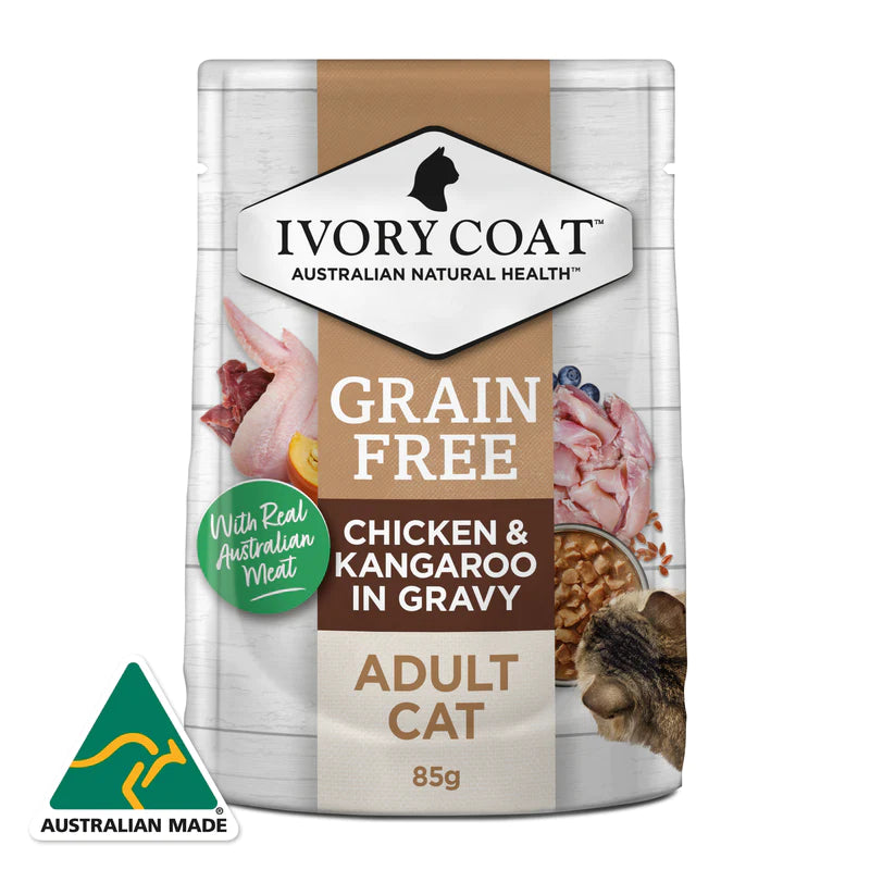Ivory Coat Pouches Adult Cat GRAIN FREE Chicken & Kangaroo in Gravy (12 x 85g)