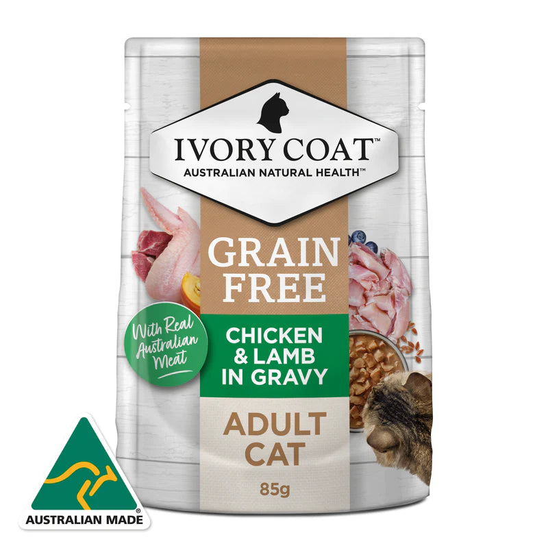 Ivory Coat Pouches Adult Cat GRAIN FREE Chicken & Lamb in Gravy (12 x 85g)