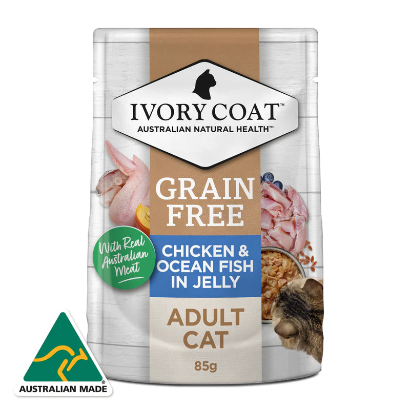 Ivory Coat Pouches Adult Cat GRAIN FREE Chicken & Ocean Fish in Jelly (12 x 85g)