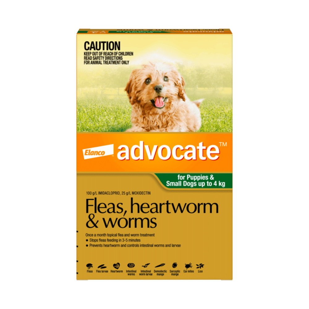 Advocate Fleas, Heartworm & Worms Puppies and Small Dogs up to 4kg Green 1 pack (1 x 0.4ml Tube)