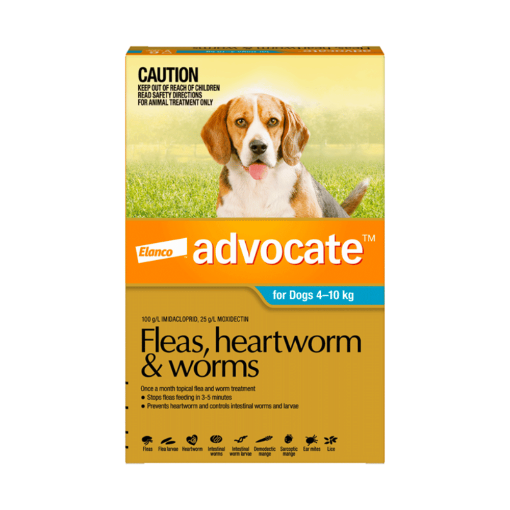 Advocate Fleas, Heartworm & Worms Dogs 4kg to 10kg Aqua 6 pack (6 x 4.0ml Tubes)