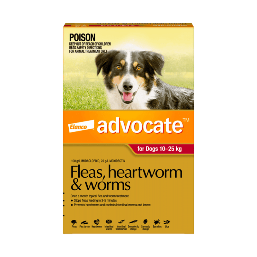 Advocate Fleas, Heartworm & Worms Dogs 10kg to 25kg Red 1 pack (1 x 2.5ml Tube)