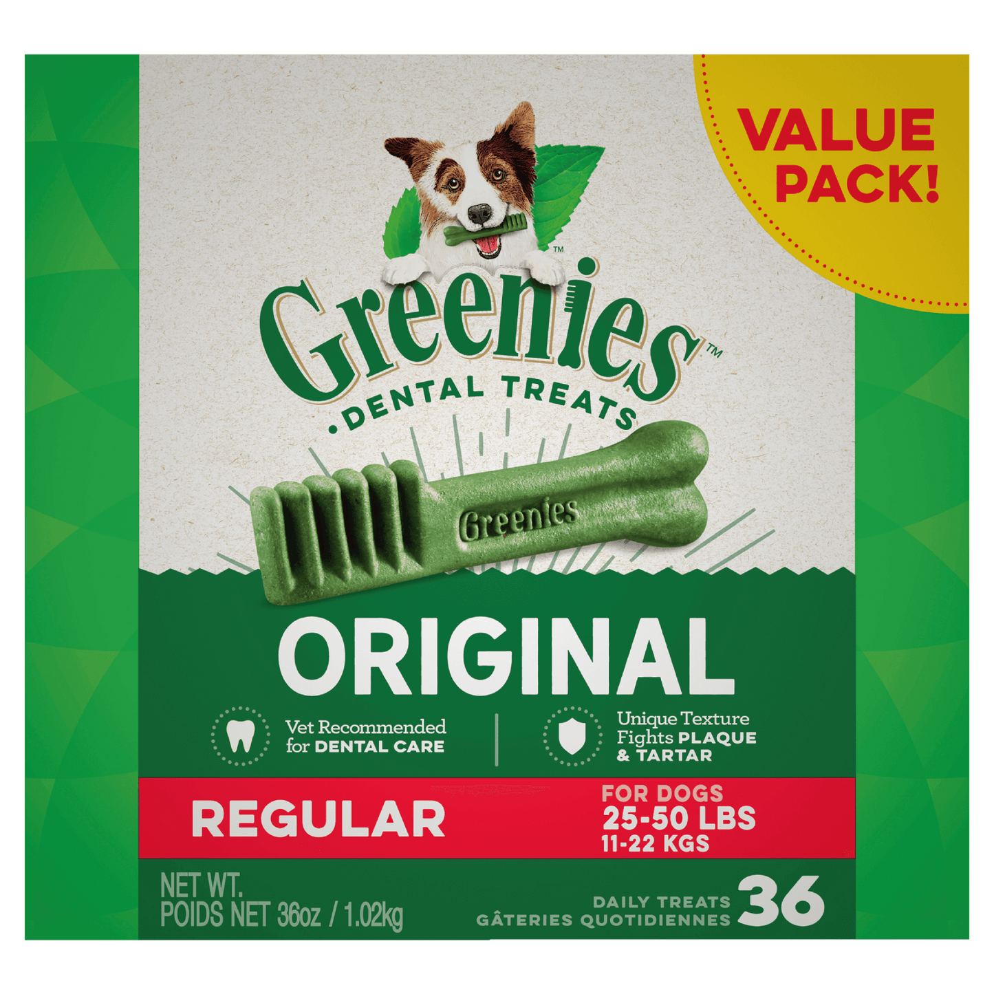 Greenies Dental Dog Treats Original Value Pack Regular 1.02kg (36 Pack)