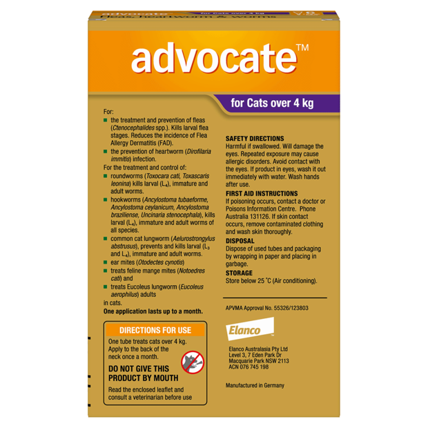 Advocate Fleas, Heartworm & Worms for Cats over 4kg Purple 1 pack (1 x 0.8ml Tube)