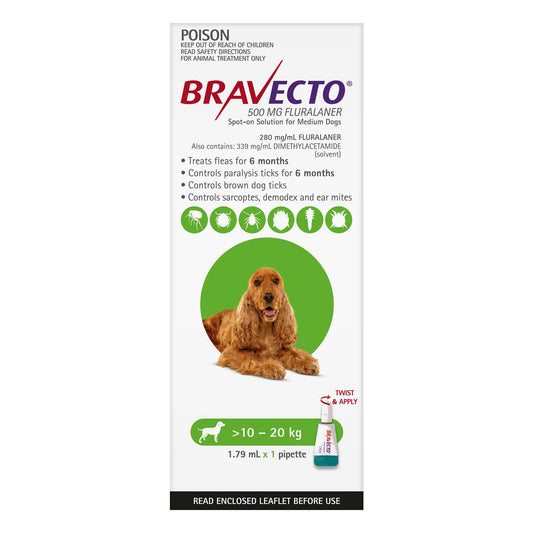 Bravecto Spot-on Flea & Tick Treatment for Dogs 10 - 20kg - Protects up to 6 Months