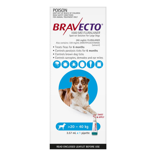 Bravecto Spot-on Flea & Tick Treatment for Dogs 20 - 40kg - Protection for up to 6 Months