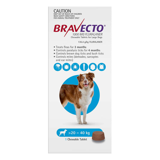 Bravecto Large Dog Blue 20-40kg Single Chew Flea & Tick Control - Large