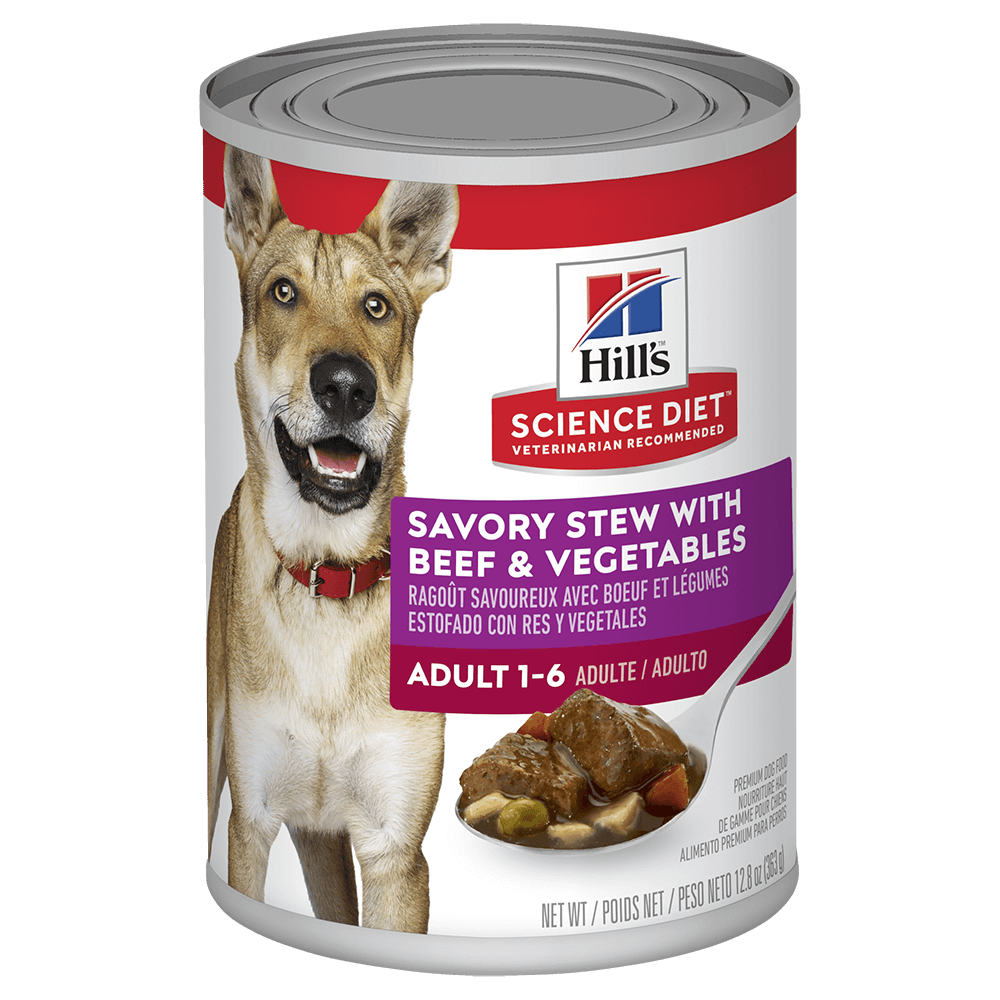 Hill’s Science Diet Wet Food Tins Adult Dog (1-6) Savory Stew Beef & Veg 12 x 363g