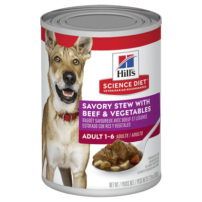 Hill’s Science Diet Wet Food Tins Adult Dog (1-6) Savory Stew Beef & Veg 12 x 363g