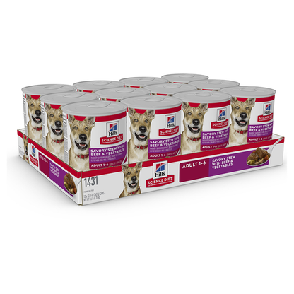 Hill’s Science Diet Wet Food Tins Adult Dog (1-6) Savory Stew Beef & Veg 12 x 363g